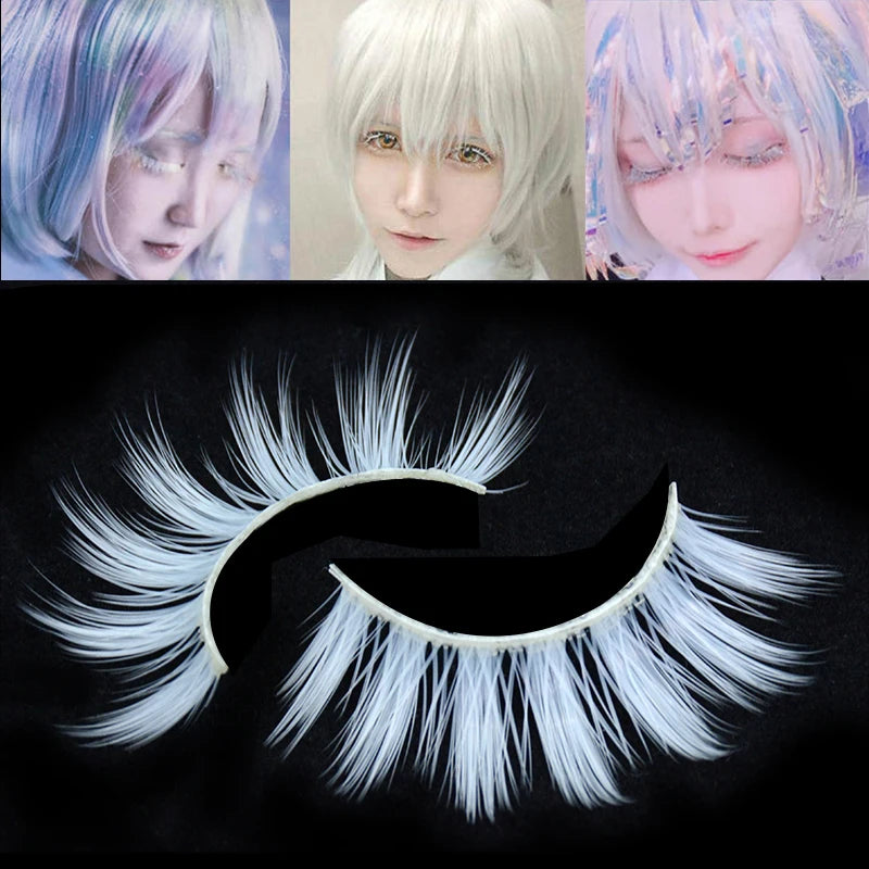 2 Pairs/Set 3D White Eyelashes Clear Band Snow Color Eye Lashes Cosplay Halloween Manga Lashes Makeup Up and Lower Bottom Lashes