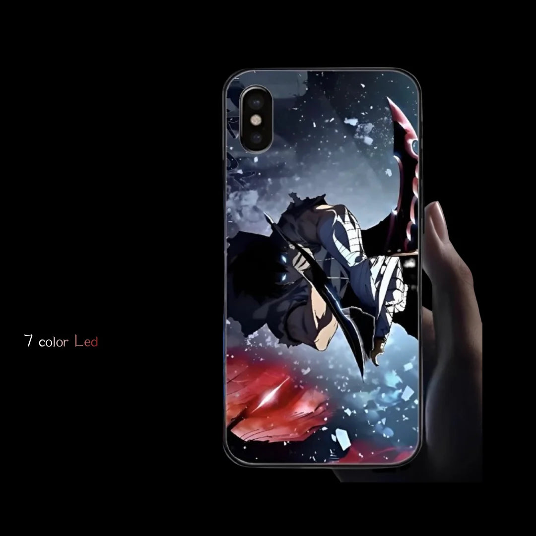 Anime Voice Control Flash Glow Phone Case For iPhone 16 15 14 Plus 13 12 11 Pro Max Glass LED Phone Cover Shell Solo Level