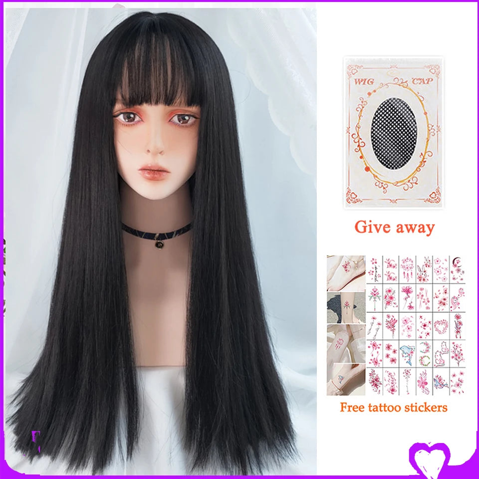 AOSI Long Straight Hair Black Synthetic Lolita Wigs with Bangs for Women Fashion Female Cosplay Party Christmas Wigs