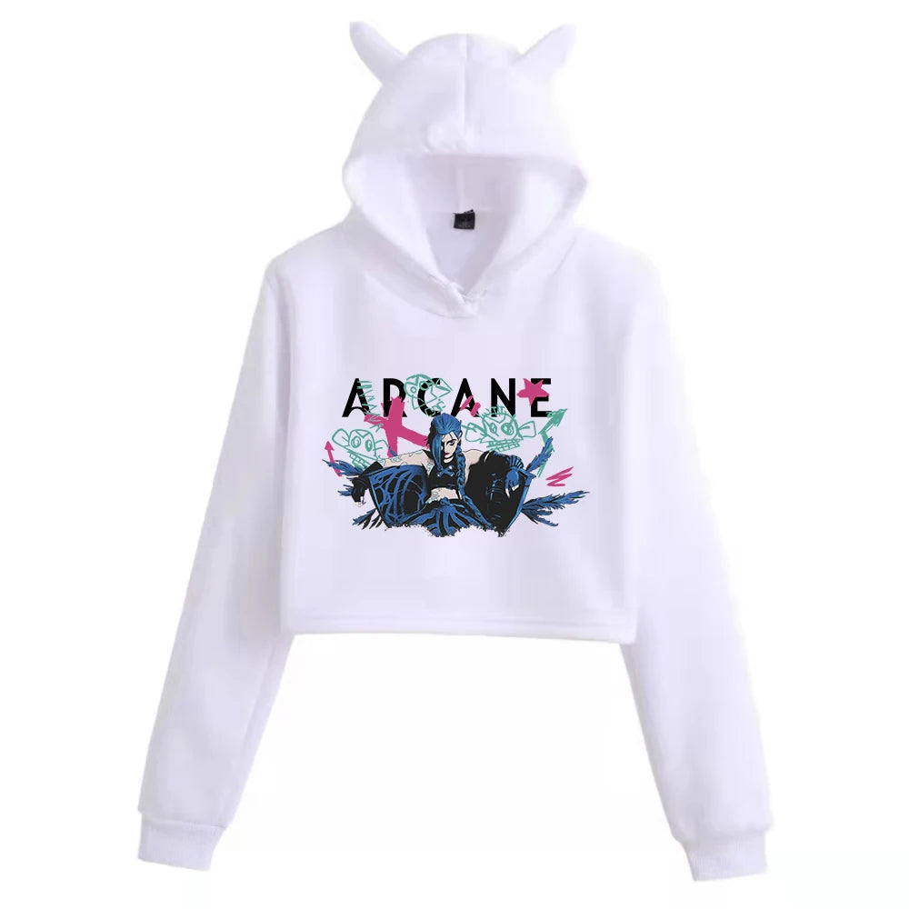 Jinx Arcane Poster Cat Ears Long Sleeve Crop Tops Girls Fashion Hoodie