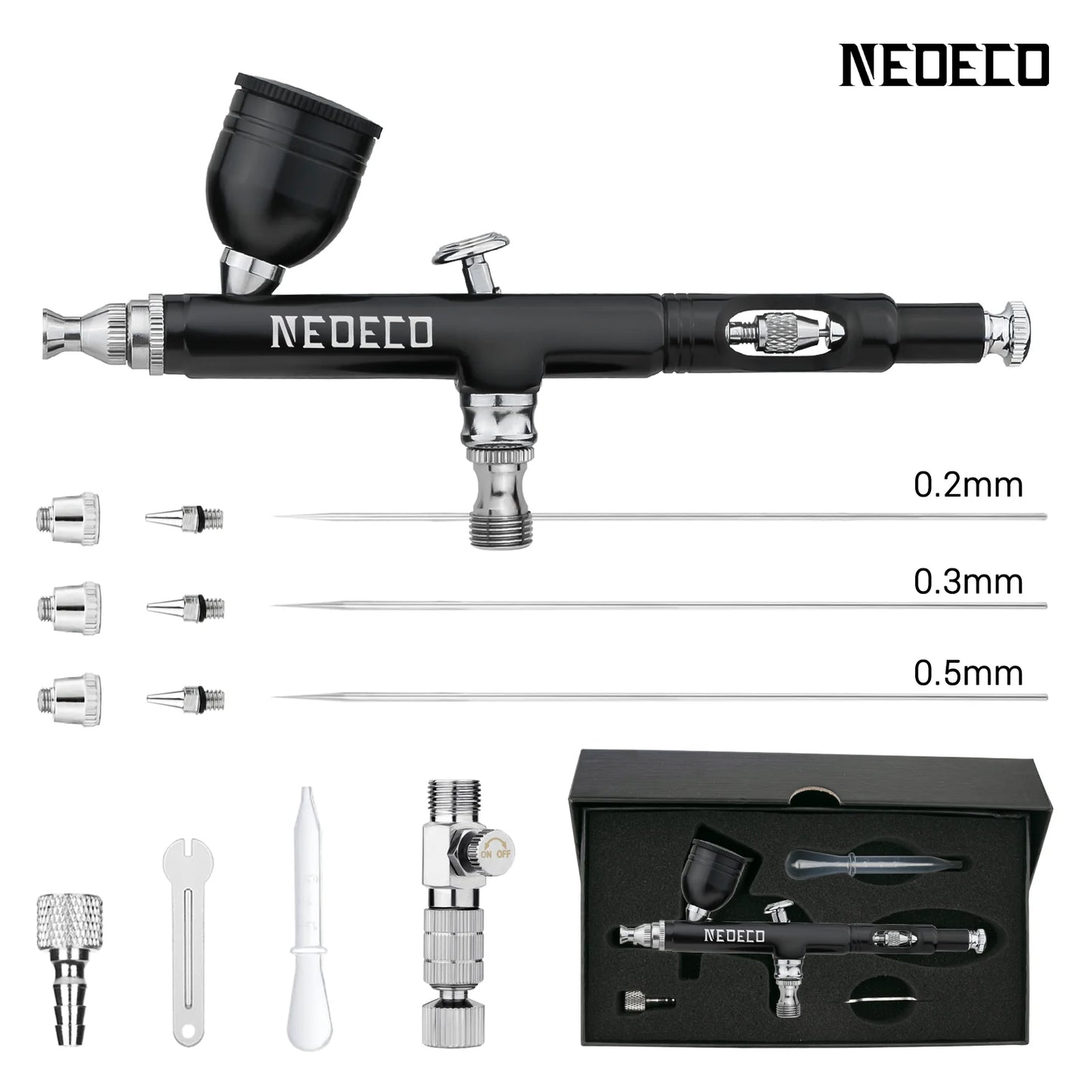 Neoeco Airbrush Kit, Dual-Action Gravity Air Brush Gun with 3 Nozzle Sets, Aluminum Spray Gun for Makeup Nail Art Painting Model