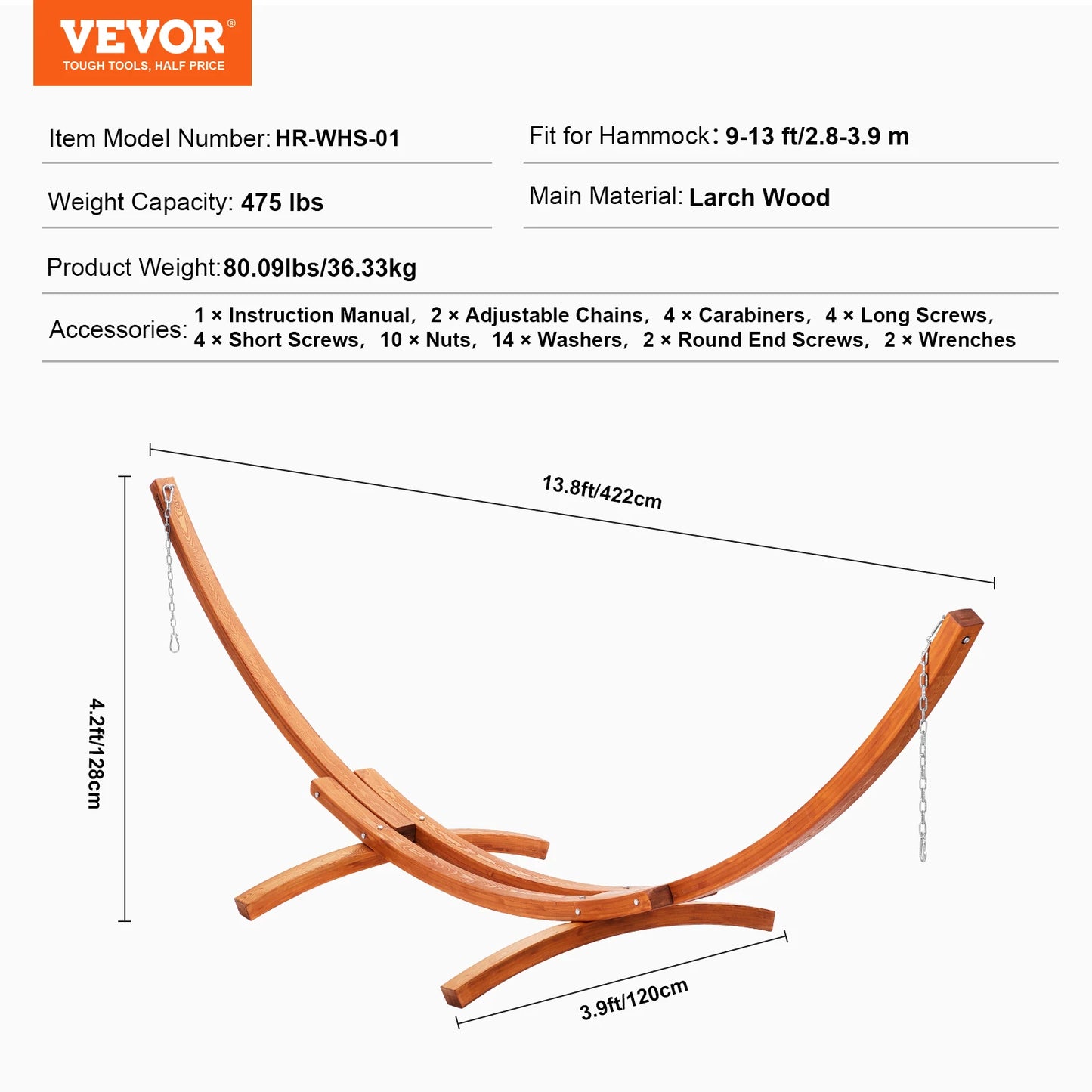 VEVOR Wooden Hammock Stand 475 lbs Capacity Universal 2 Person Hammock Frame Fits 9-13 ft Hammocks Larch Arc Adjustable Stand