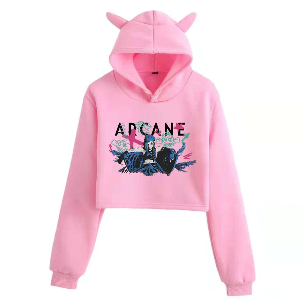 Jinx Arcane Poster Cat Ears Long Sleeve Crop Tops Girls Fashion Hoodie