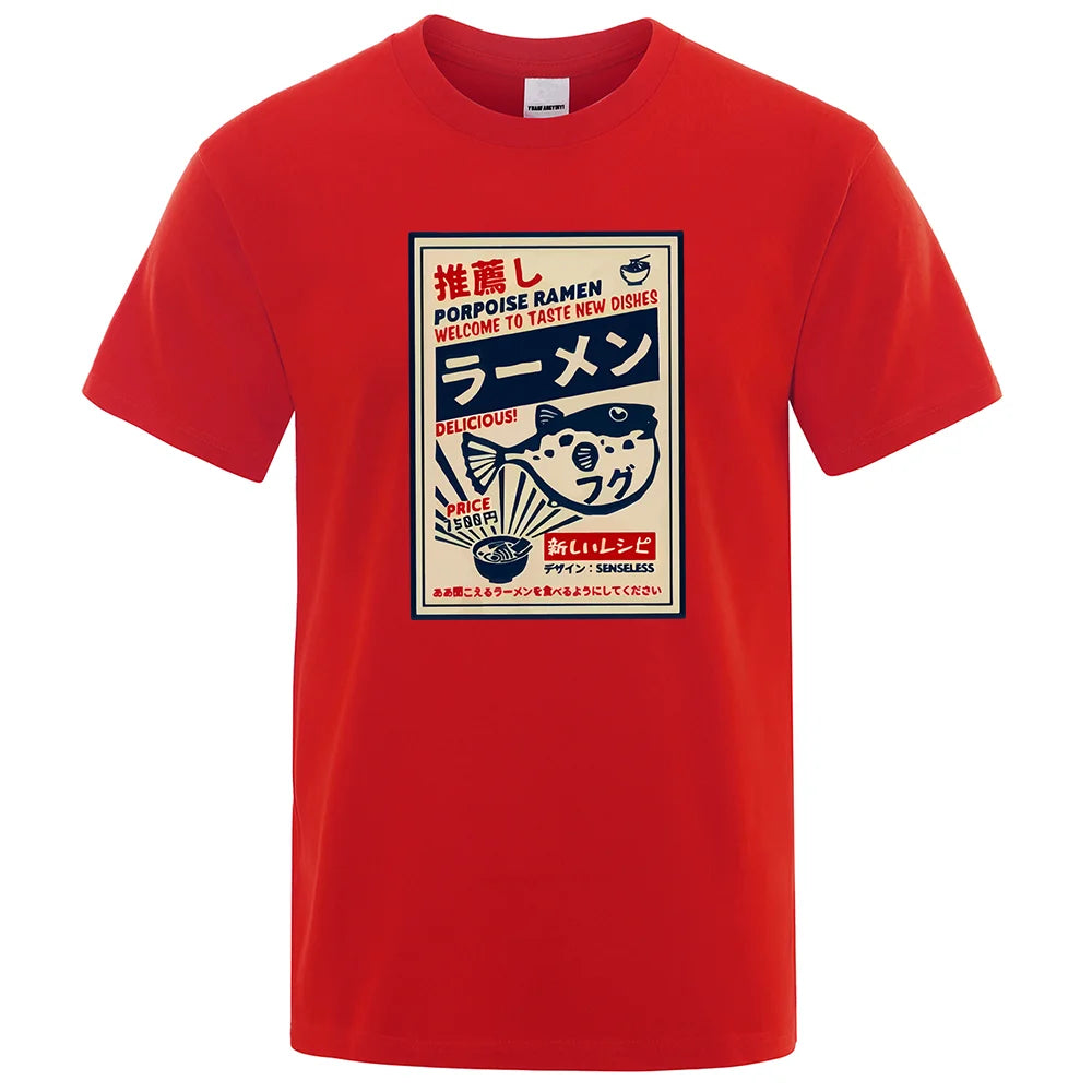 Puffer Fish Ramen Japanese Menu Poster Tshirt Men Funny Fashion Tee Clothes Comfortable Oversize T Shirt Casual Cotton T-Shirts