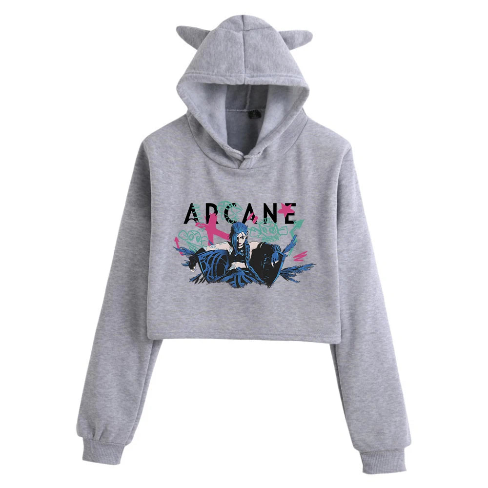 Jinx Arcane Poster Cat Ears Long Sleeve Crop Tops Girls Fashion Hoodie