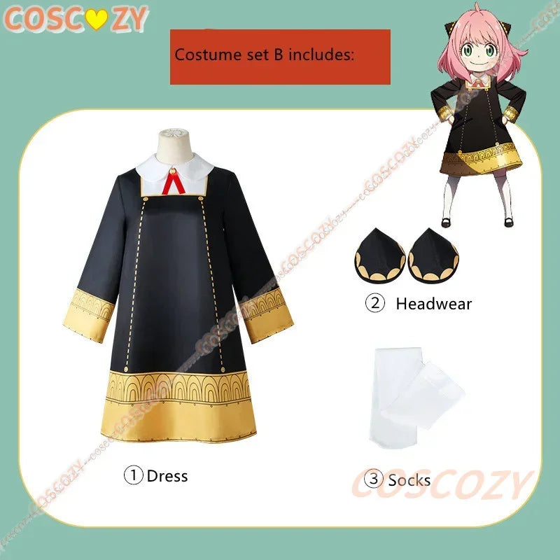 Anime Spy x Family Anya Forger Cosplay Costume Adults Black Dress Kawaii Women Dress Pink Wig Party Role Play Outfits