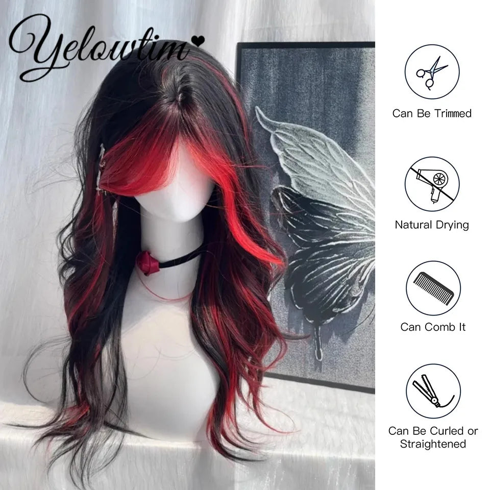 Synthetic Black Red Wig Ladies Middle Part Natural Large Waves Long Curly Hair Daily Cosplay High Temperature Silk Headgear