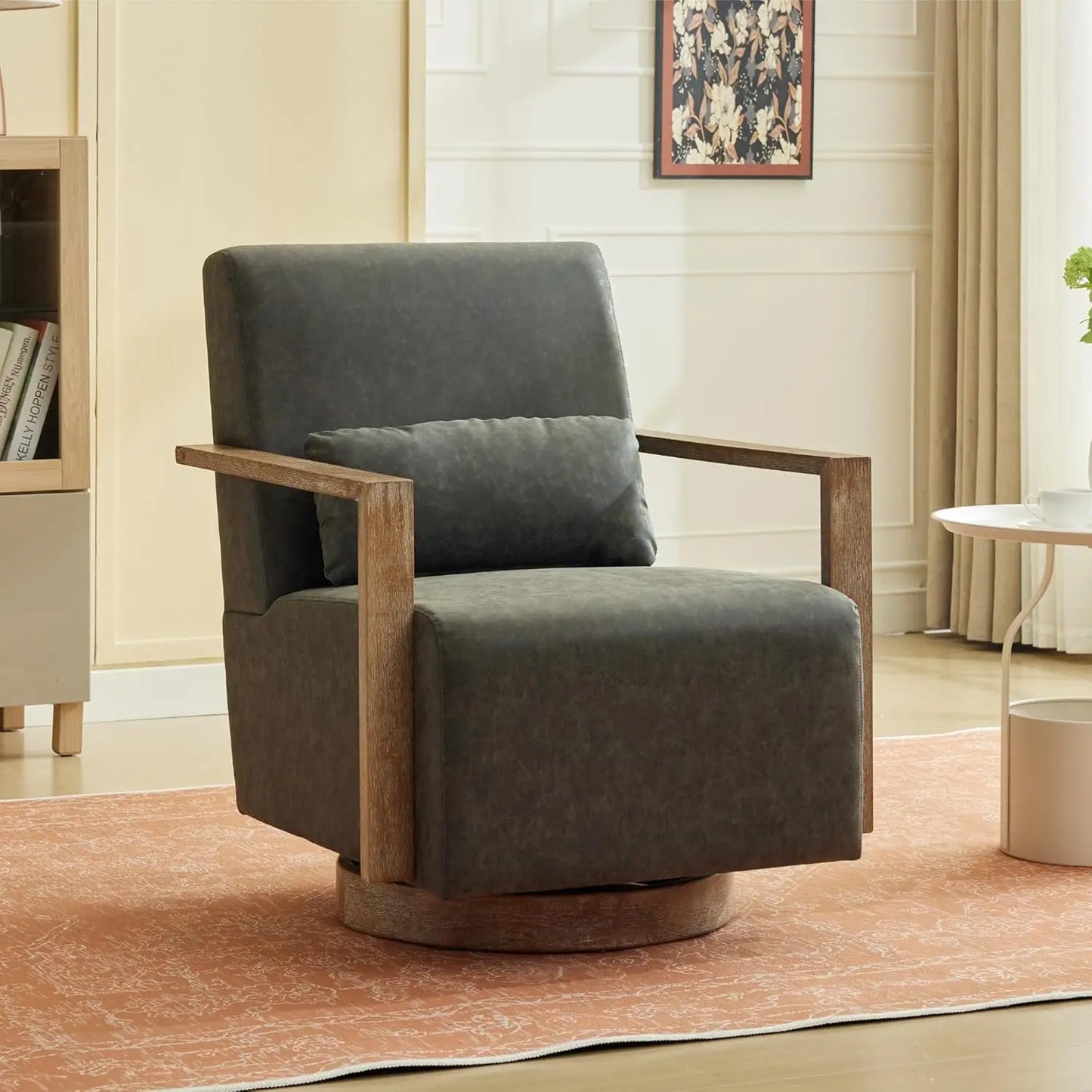 30.3" Leather Swivel Accent Arm Chair Mid Century Modern Living Room Chair with Solid Wood Base  Armrest Living Room Sofas
