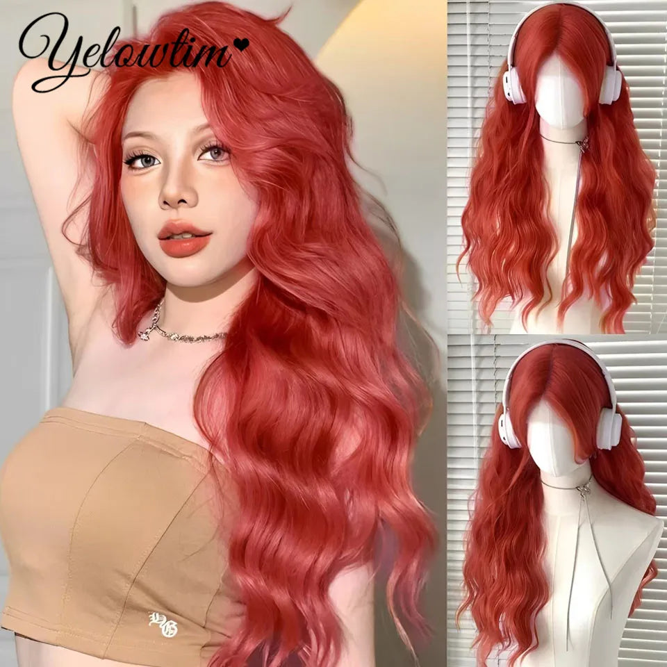Synthetic Black Red Wig Ladies Middle Part Natural Large Waves Long Curly Hair Daily Cosplay High Temperature Silk Headgear