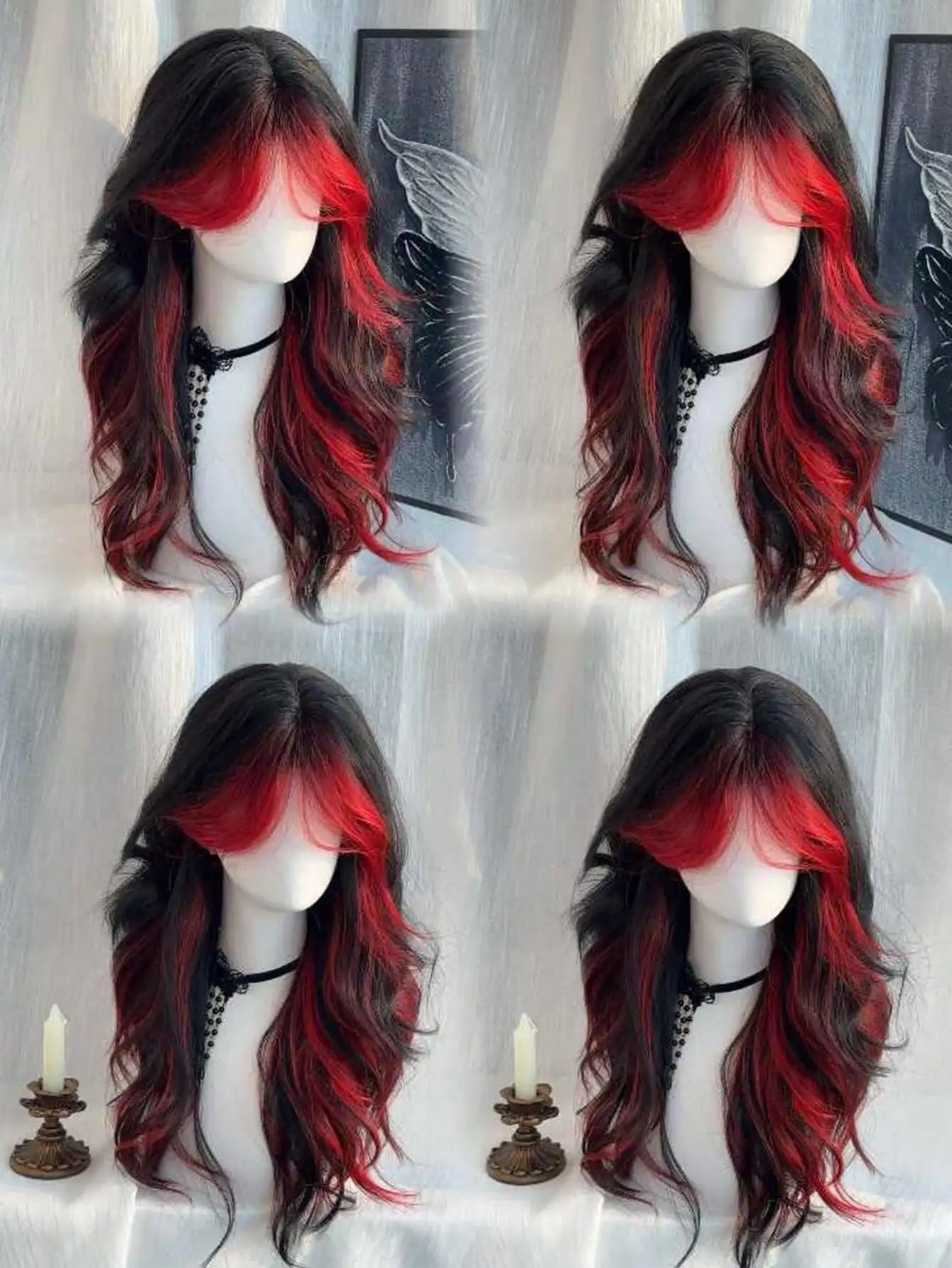 Synthetic Black Red Wig Ladies Middle Part Natural Large Waves Long Curly Hair Daily Cosplay High Temperature Silk Headgear