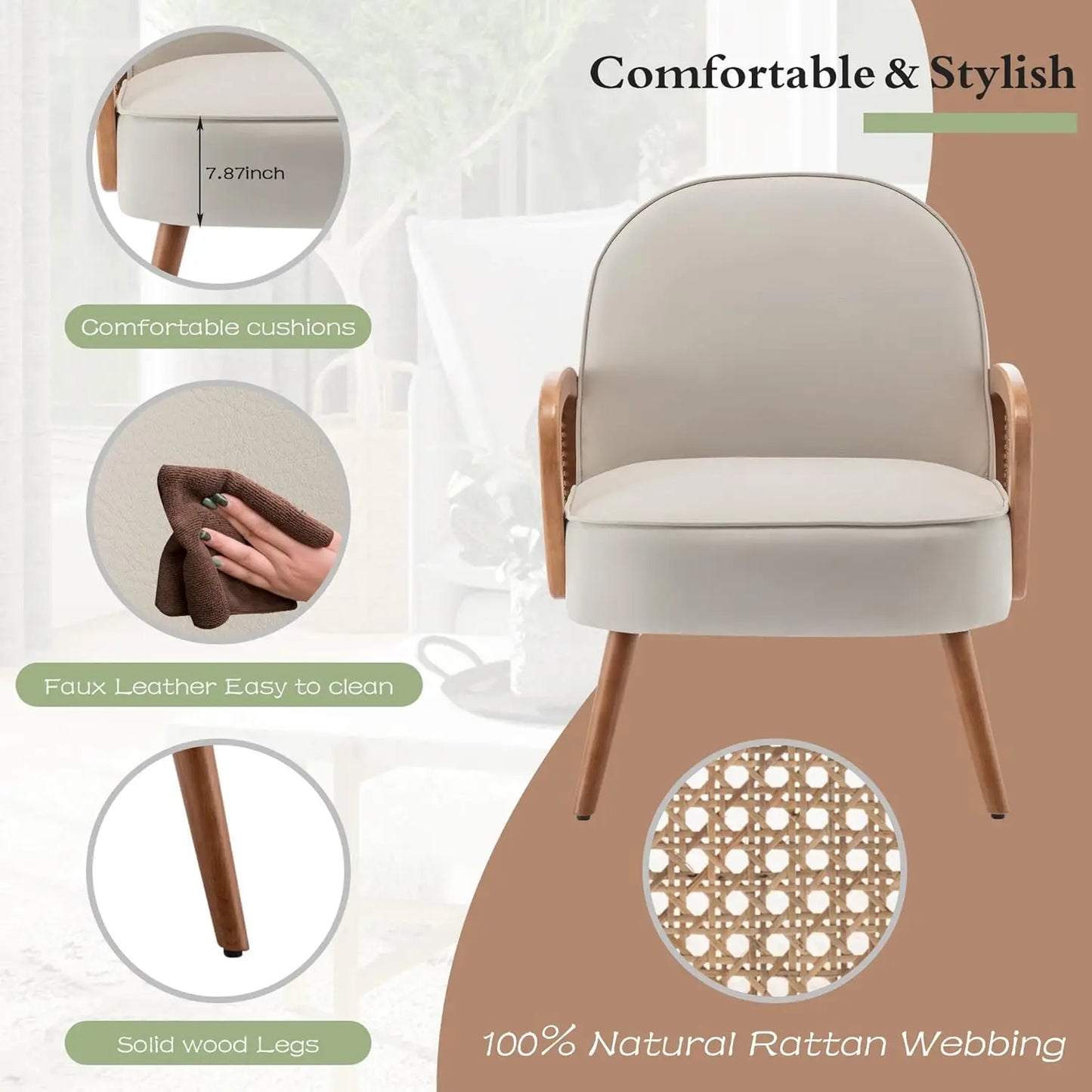 Mid Century Modern Accent Chairs Set of 2 Upholstered Rattan Arm Chairs Faux Leather Reading Chairs for Living Room Bedroom