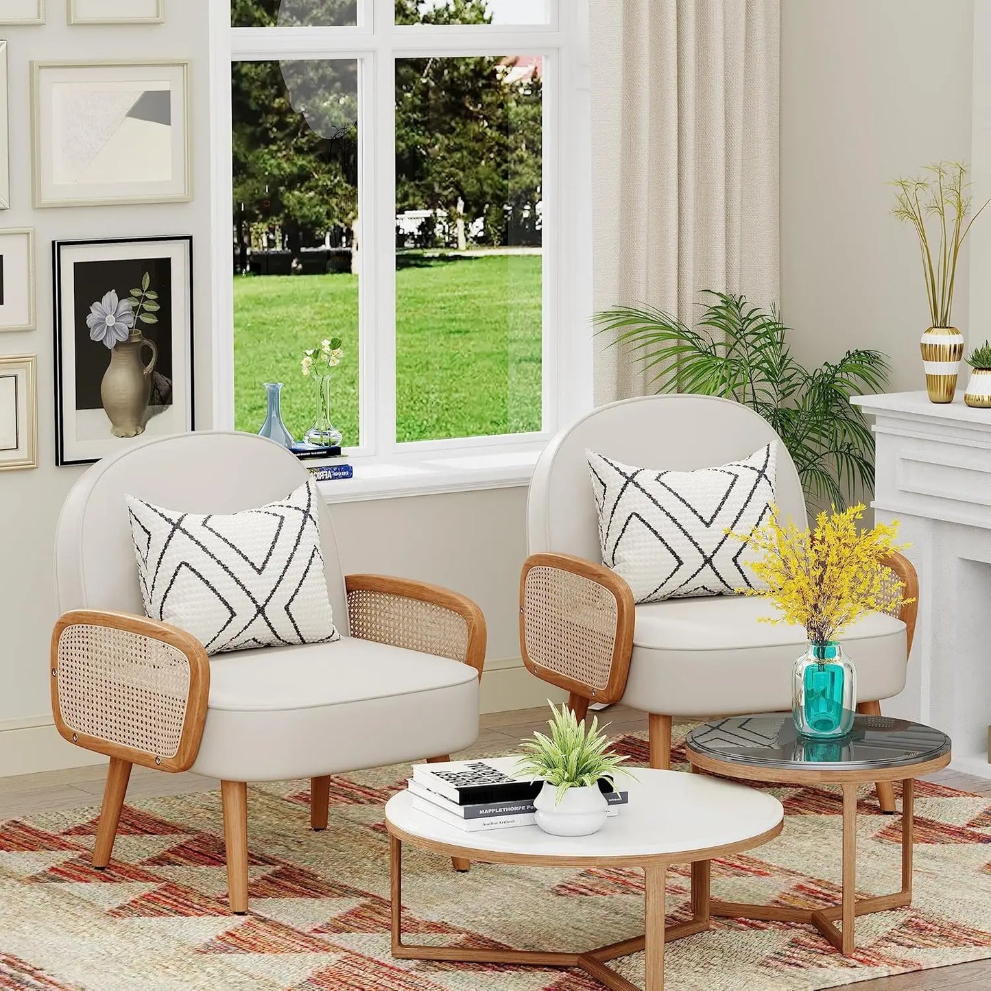 Mid Century Modern Accent Chairs Set of 2 Upholstered Rattan Arm Chairs Faux Leather Reading Chairs for Living Room Bedroom
