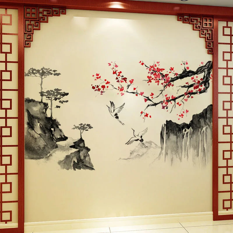 Chinese Wind Ink Landscape Painting Art Wall Stickers Crane Bedroom Living Room Home Decoration Self-adhesive Wall Decals