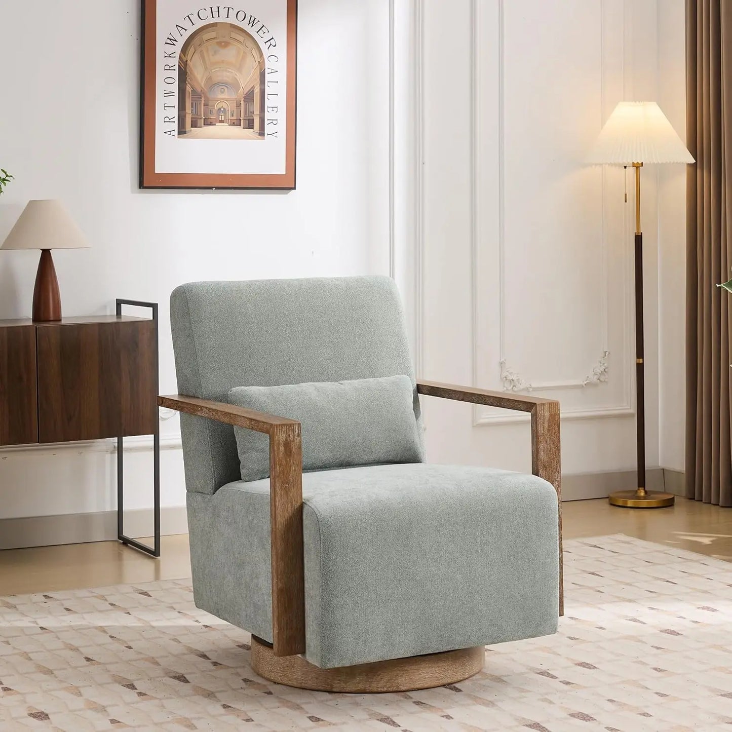 30.3" Leather Swivel Accent Arm Chair Mid Century Modern Living Room Chair with Solid Wood Base  Armrest Living Room Sofas