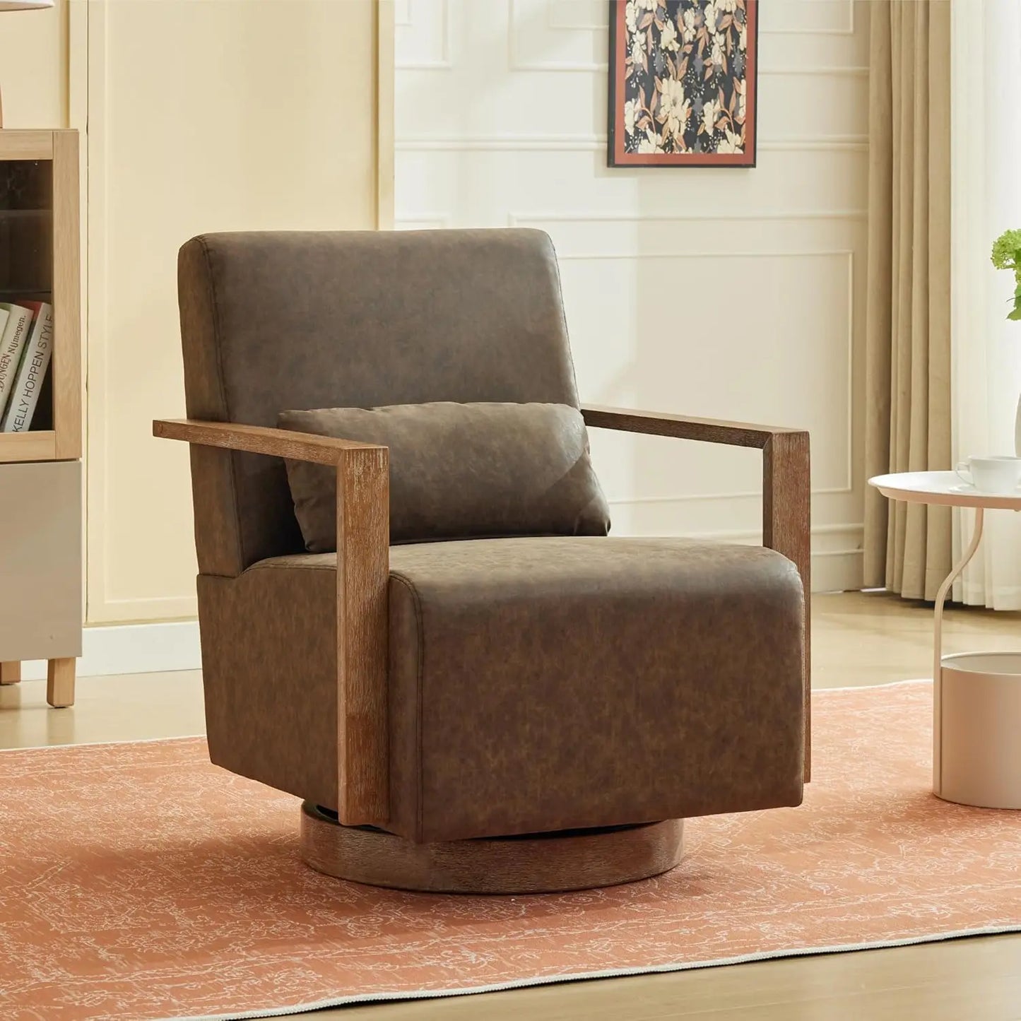 30.3" Leather Swivel Accent Arm Chair Mid Century Modern Living Room Chair with Solid Wood Base  Armrest Living Room Sofas