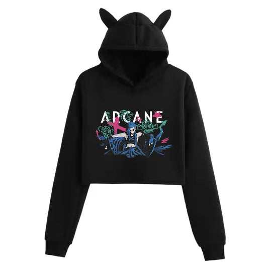 Jinx Arcane Poster Cat Ears Long Sleeve Crop Tops Girls Fashion Hoodie
