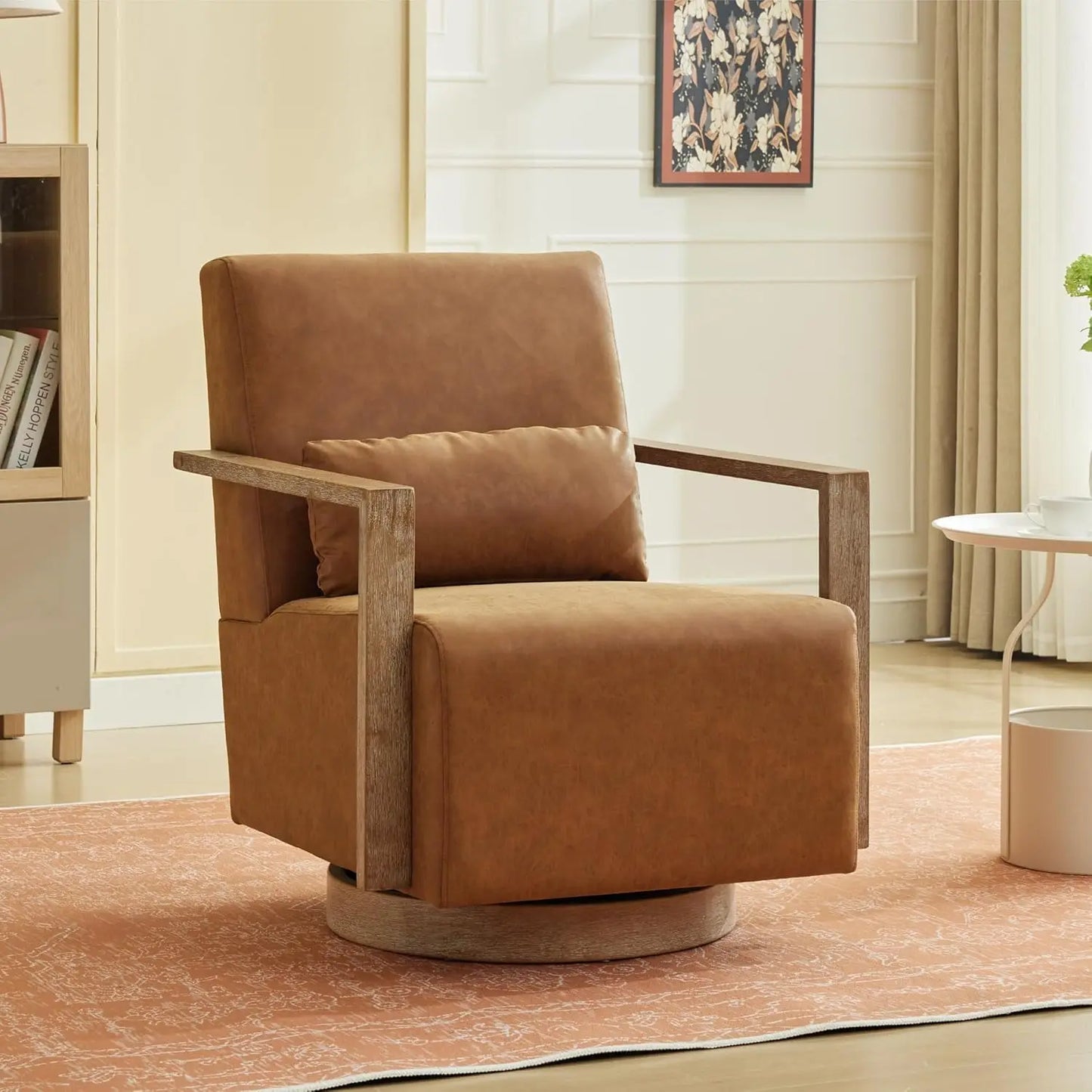 30.3" Leather Swivel Accent Arm Chair Mid Century Modern Living Room Chair with Solid Wood Base  Armrest Living Room Sofas