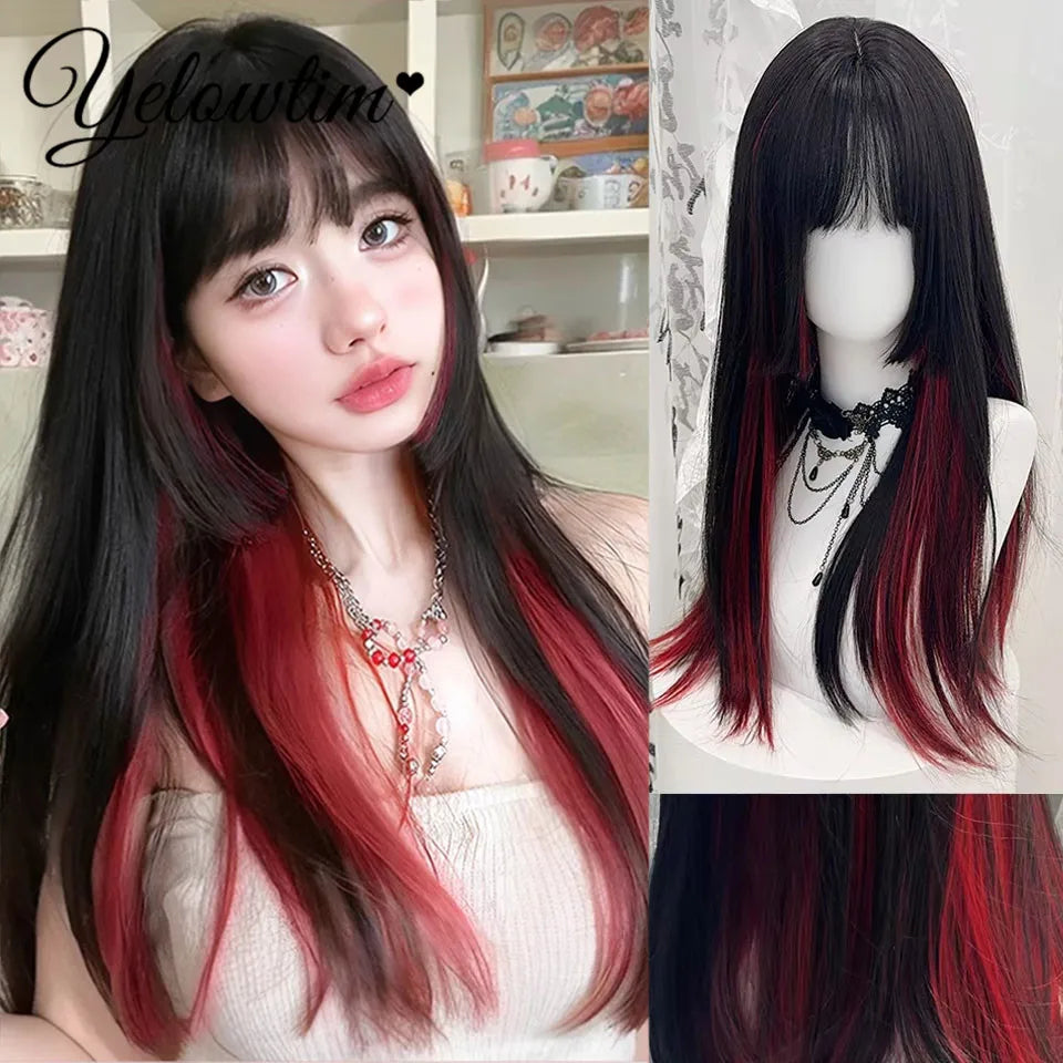 Synthetic Black Red Wig Ladies Middle Part Natural Large Waves Long Curly Hair Daily Cosplay High Temperature Silk Headgear