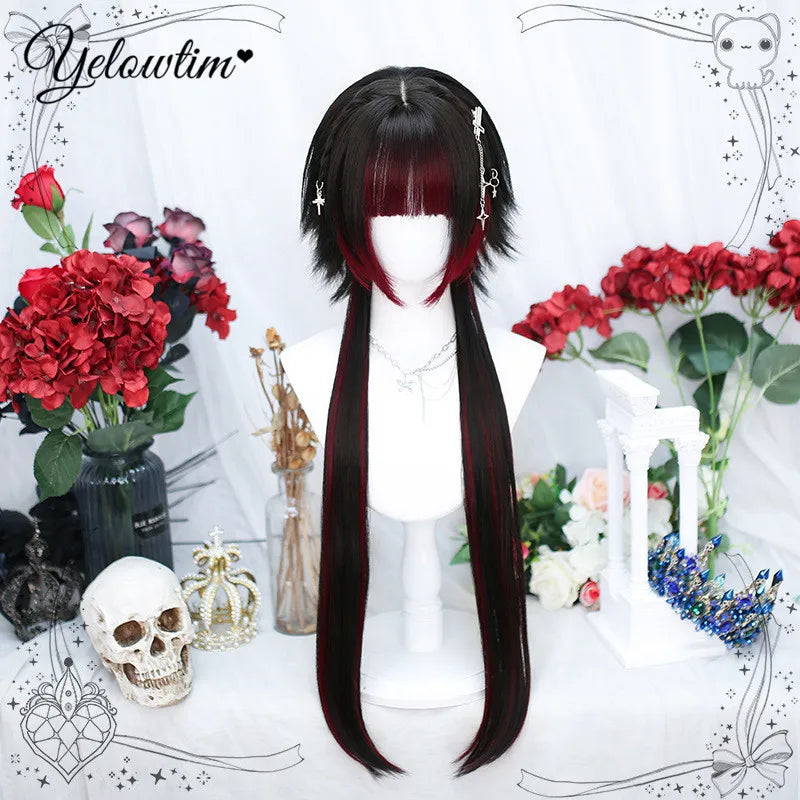 Synthetic Black Red Wig Ladies Middle Part Natural Large Waves Long Curly Hair Daily Cosplay High Temperature Silk Headgear
