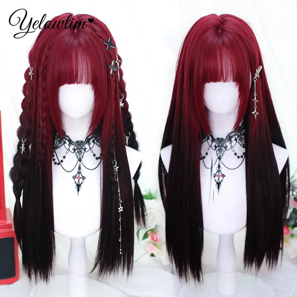 Synthetic Black Red Wig Ladies Middle Part Natural Large Waves Long Curly Hair Daily Cosplay High Temperature Silk Headgear