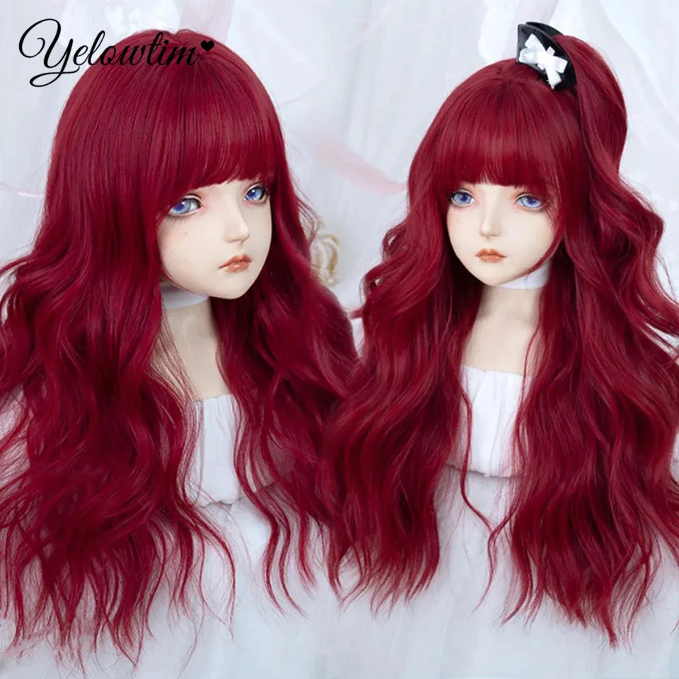 Synthetic Black Red Wig Ladies Middle Part Natural Large Waves Long Curly Hair Daily Cosplay High Temperature Silk Headgear