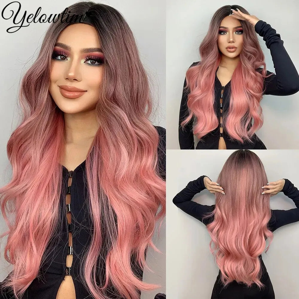 Synthetic Black Red Wig Ladies Middle Part Natural Large Waves Long Curly Hair Daily Cosplay High Temperature Silk Headgear