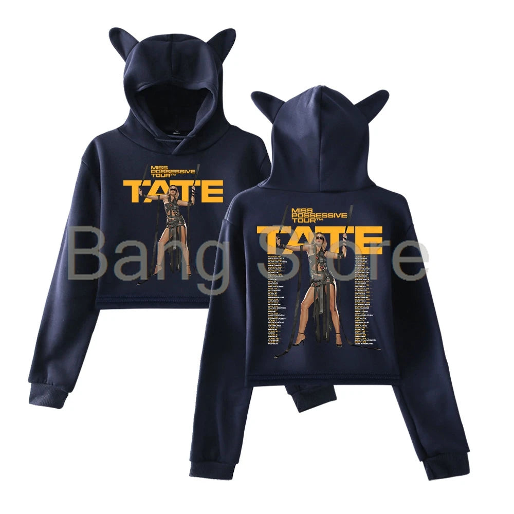 Tate Mcrae Miss Possessive Tour Cat Ear Hoodie Women Long Sleeve Sweatshirts Female Casual Streetwear Crop Tops