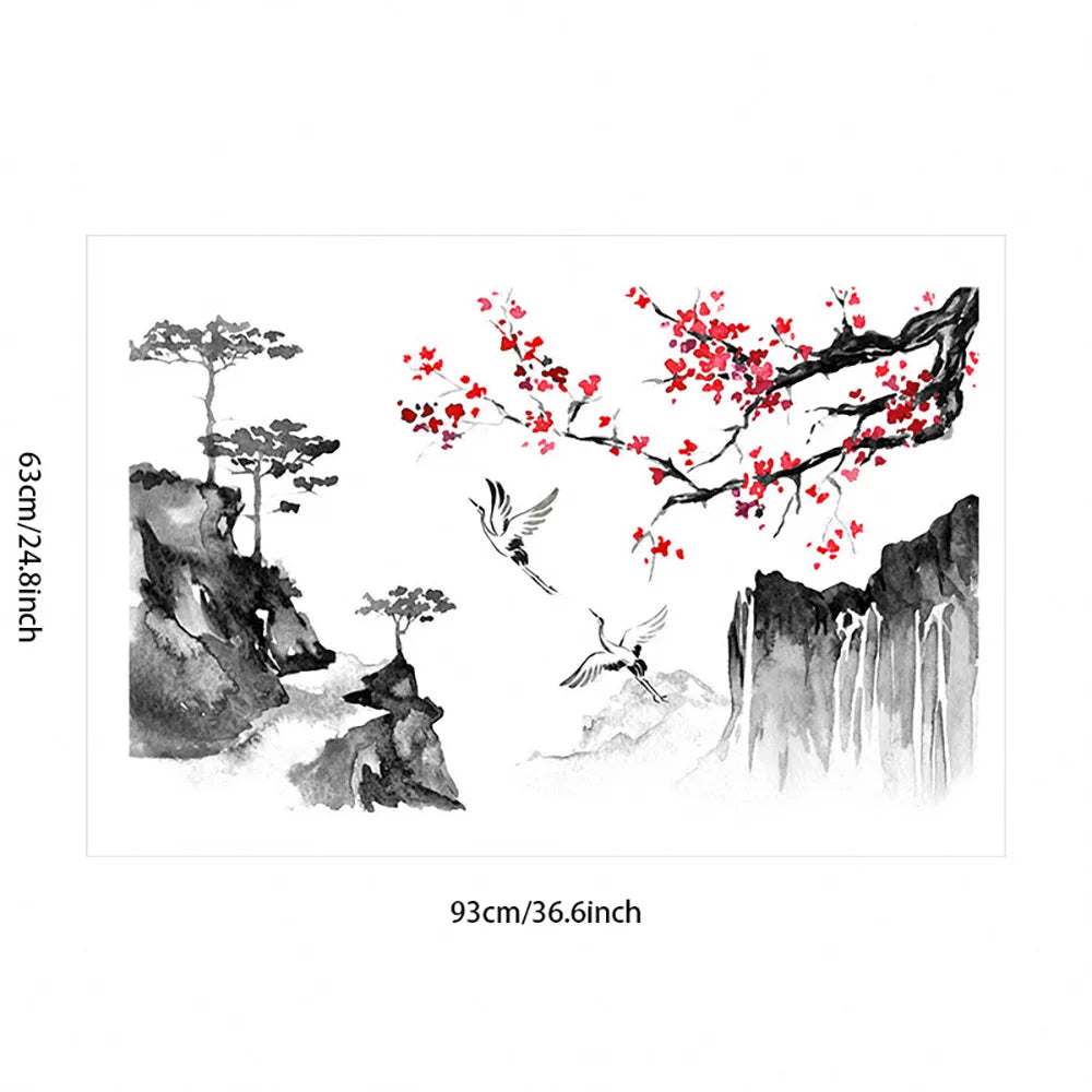 Chinese Wind Ink Landscape Painting Art Wall Stickers Crane Bedroom Living Room Home Decoration Self-adhesive Wall Decals