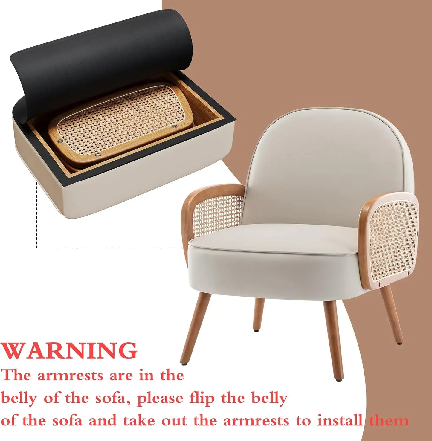 Mid Century Modern Accent Chairs Set of 2 Upholstered Rattan Arm Chairs Faux Leather Reading Chairs for Living Room Bedroom