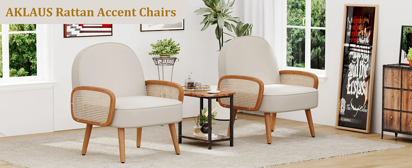 Mid Century Modern Accent Chairs Set of 2 Upholstered Rattan Arm Chairs Faux Leather Reading Chairs for Living Room Bedroom