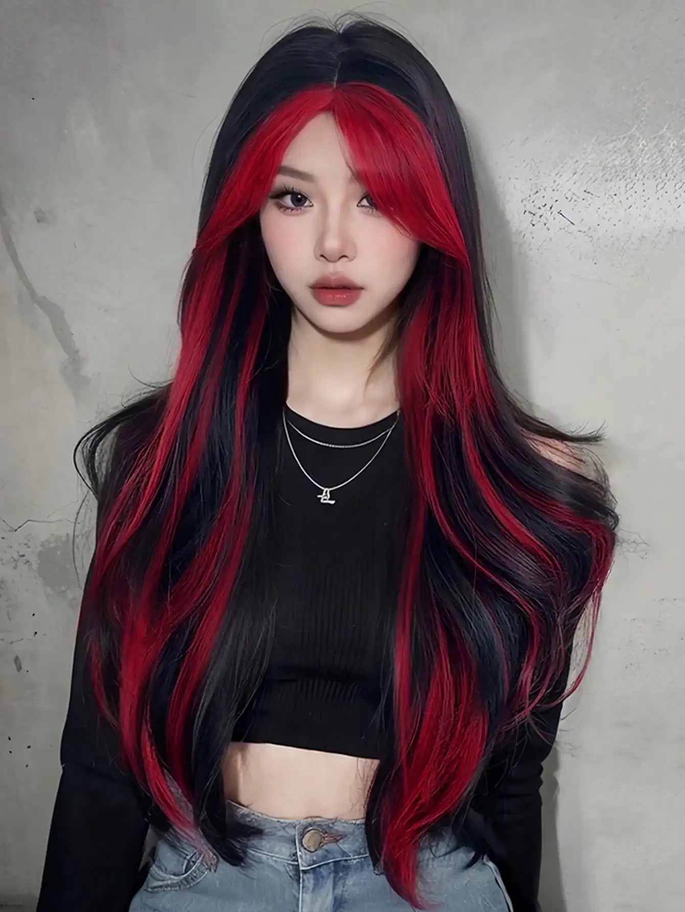 Synthetic Black Red Wig Ladies Middle Part Natural Large Waves Long Curly Hair Daily Cosplay High Temperature Silk Headgear