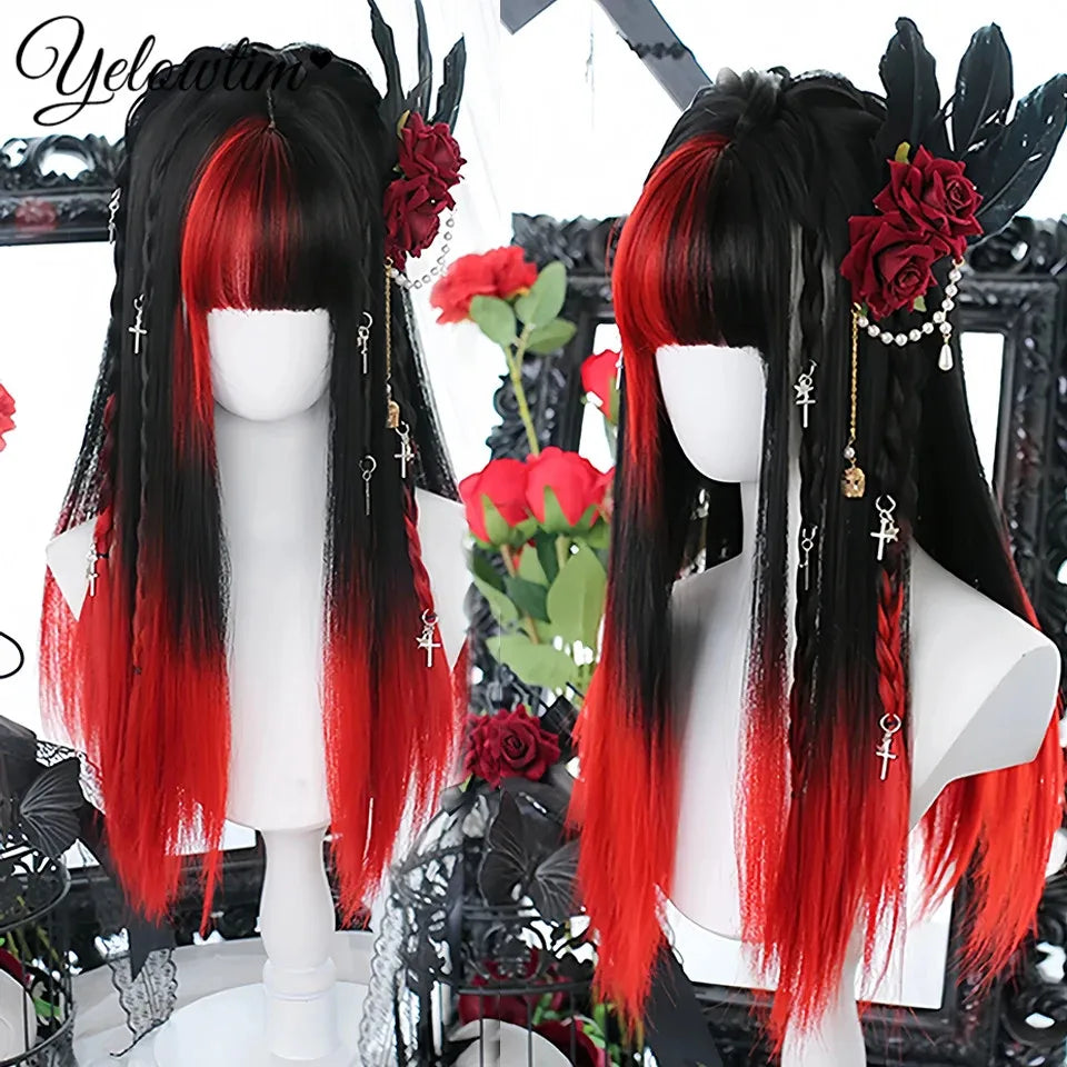 Synthetic Black Red Wig Ladies Middle Part Natural Large Waves Long Curly Hair Daily Cosplay High Temperature Silk Headgear