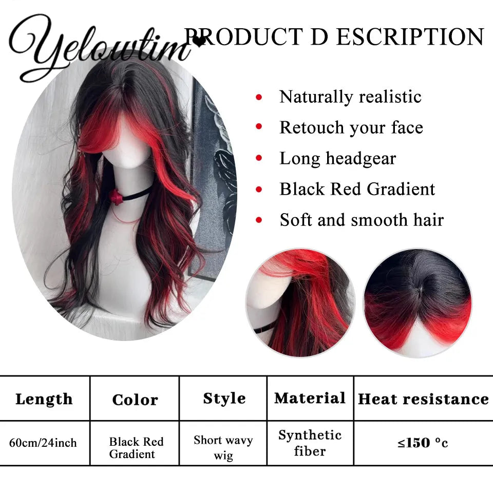 Synthetic Black Red Wig Ladies Middle Part Natural Large Waves Long Curly Hair Daily Cosplay High Temperature Silk Headgear