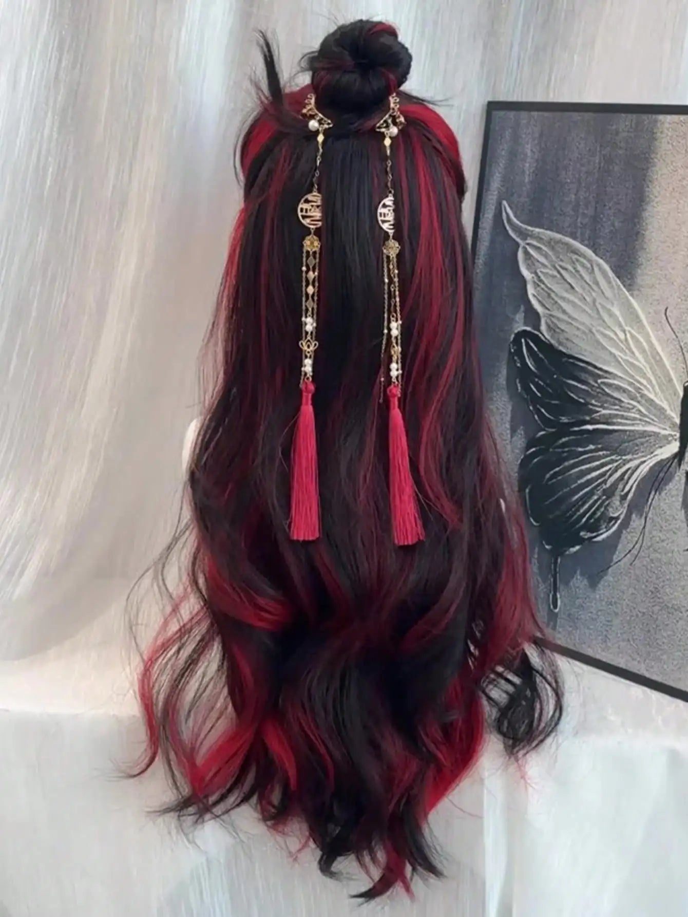 Synthetic Black Red Wig Ladies Middle Part Natural Large Waves Long Curly Hair Daily Cosplay High Temperature Silk Headgear