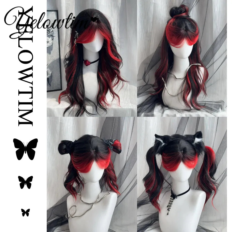Synthetic Black Red Wig Ladies Middle Part Natural Large Waves Long Curly Hair Daily Cosplay High Temperature Silk Headgear