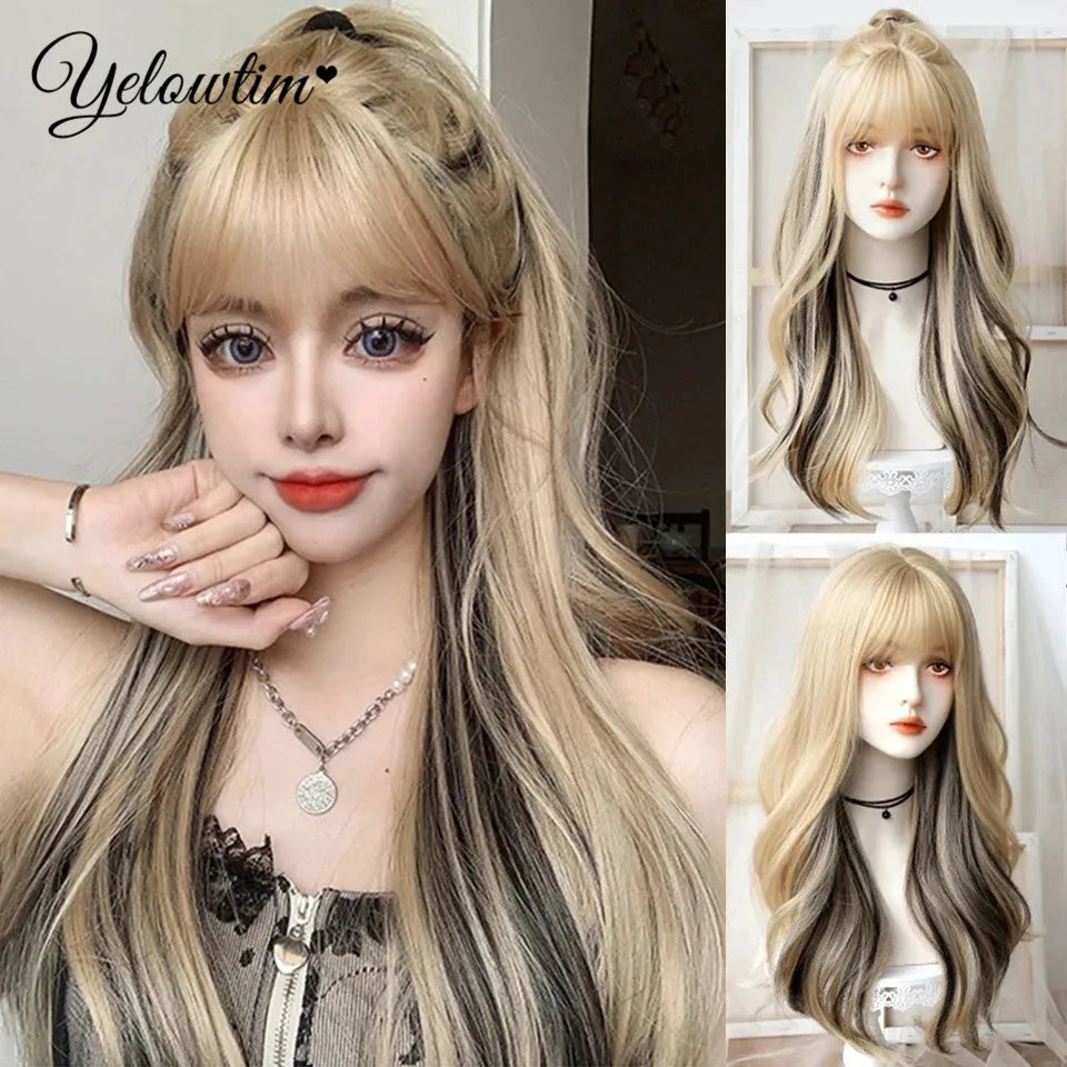 Synthetic Black Red Wig Ladies Middle Part Natural Large Waves Long Curly Hair Daily Cosplay High Temperature Silk Headgear