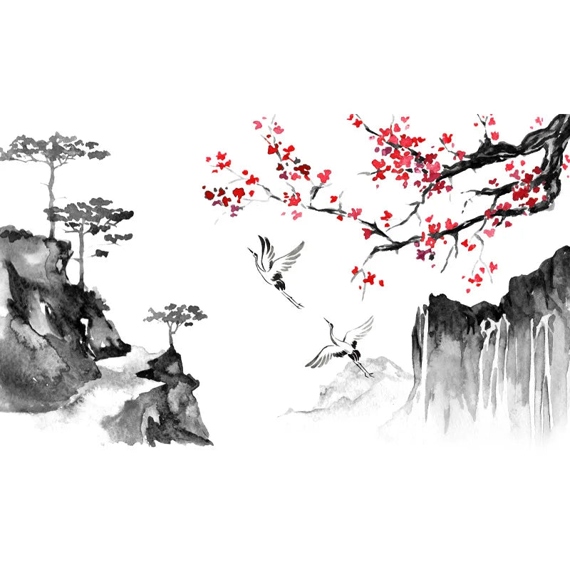 Chinese Wind Ink Landscape Painting Art Wall Stickers Crane Bedroom Living Room Home Decoration Self-adhesive Wall Decals