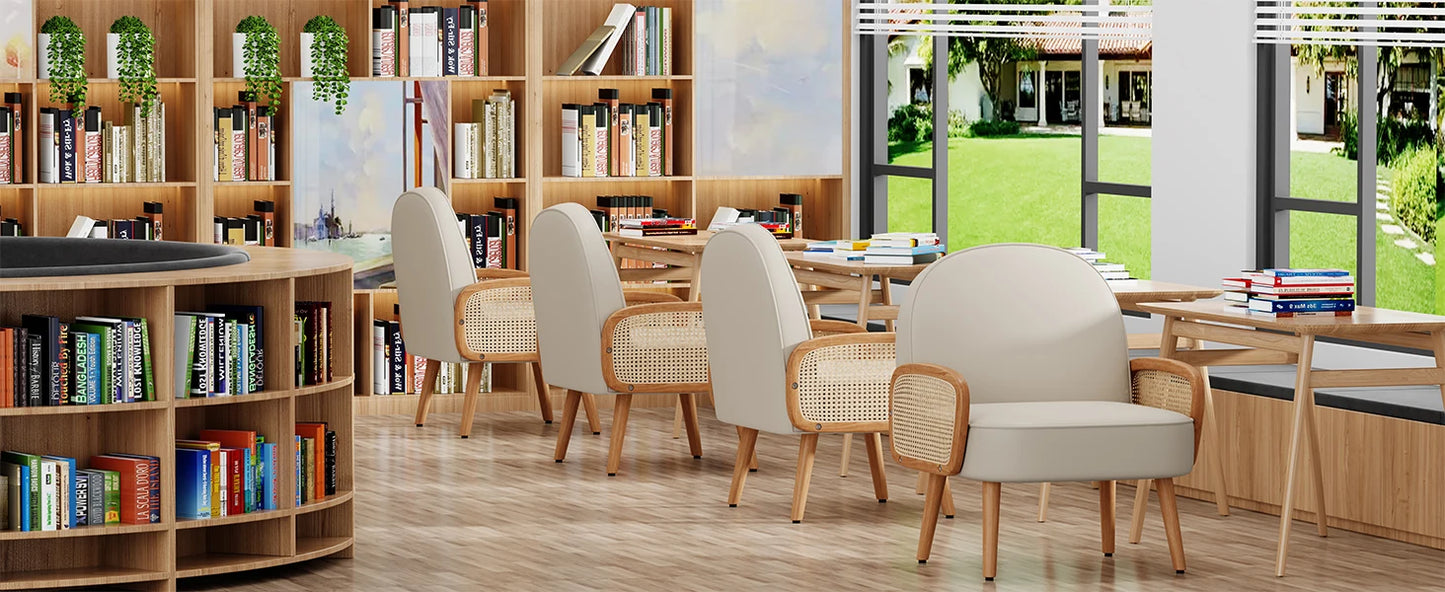 Mid Century Modern Accent Chairs Set of 2 Upholstered Rattan Arm Chairs Faux Leather Reading Chairs for Living Room Bedroom