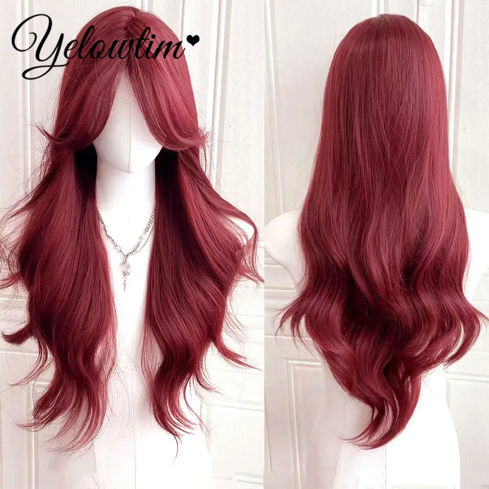 Synthetic Black Red Wig Ladies Middle Part Natural Large Waves Long Curly Hair Daily Cosplay High Temperature Silk Headgear