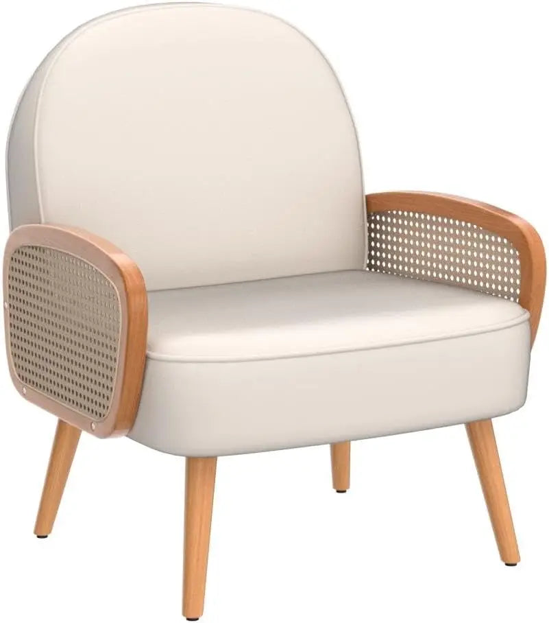 Mid Century Modern Accent Chairs Set of 2 Upholstered Rattan Arm Chairs Faux Leather Reading Chairs for Living Room Bedroom