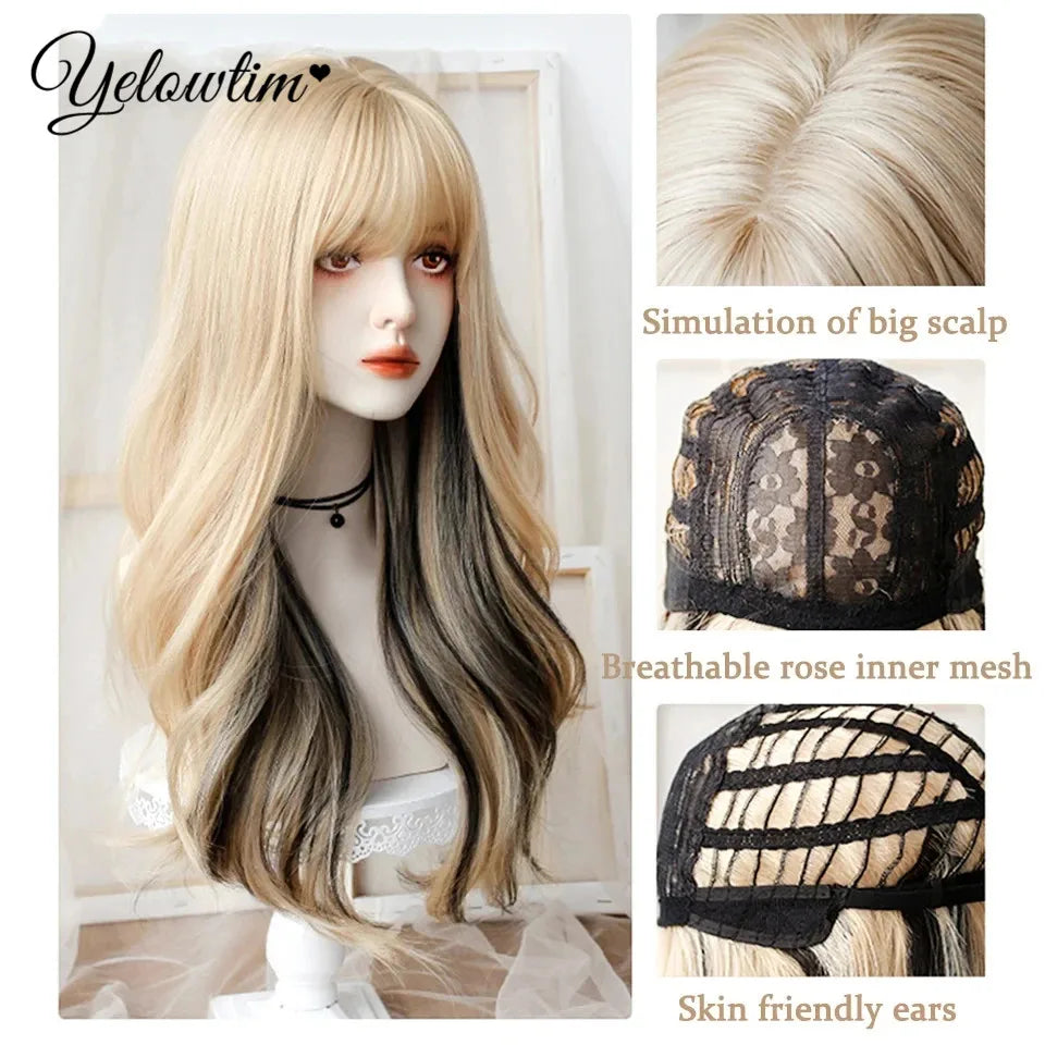Synthetic Black Red Wig Ladies Middle Part Natural Large Waves Long Curly Hair Daily Cosplay High Temperature Silk Headgear