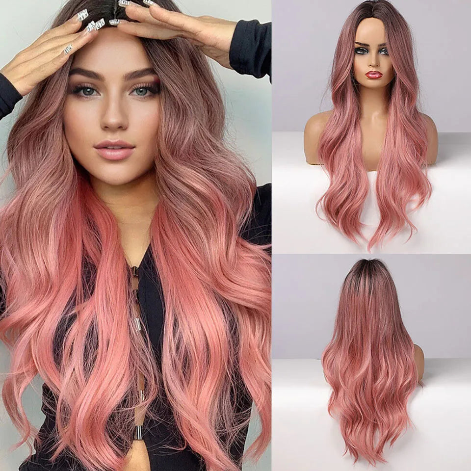 Synthetic Black Red Wig Ladies Middle Part Natural Large Waves Long Curly Hair Daily Cosplay High Temperature Silk Headgear