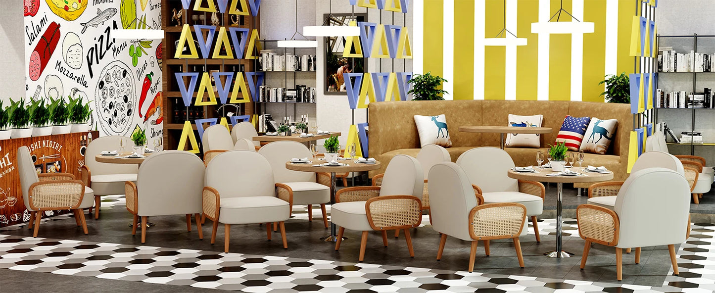Mid Century Modern Accent Chairs Set of 2 Upholstered Rattan Arm Chairs Faux Leather Reading Chairs for Living Room Bedroom
