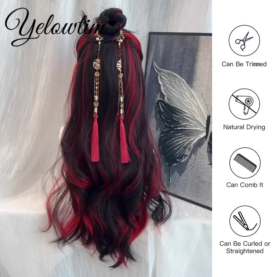 Synthetic Black Red Wig Ladies Middle Part Natural Large Waves Long Curly Hair Daily Cosplay High Temperature Silk Headgear