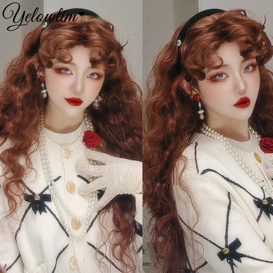 Synthetic Black Red Wig Ladies Middle Part Natural Large Waves Long Curly Hair Daily Cosplay High Temperature Silk Headgear