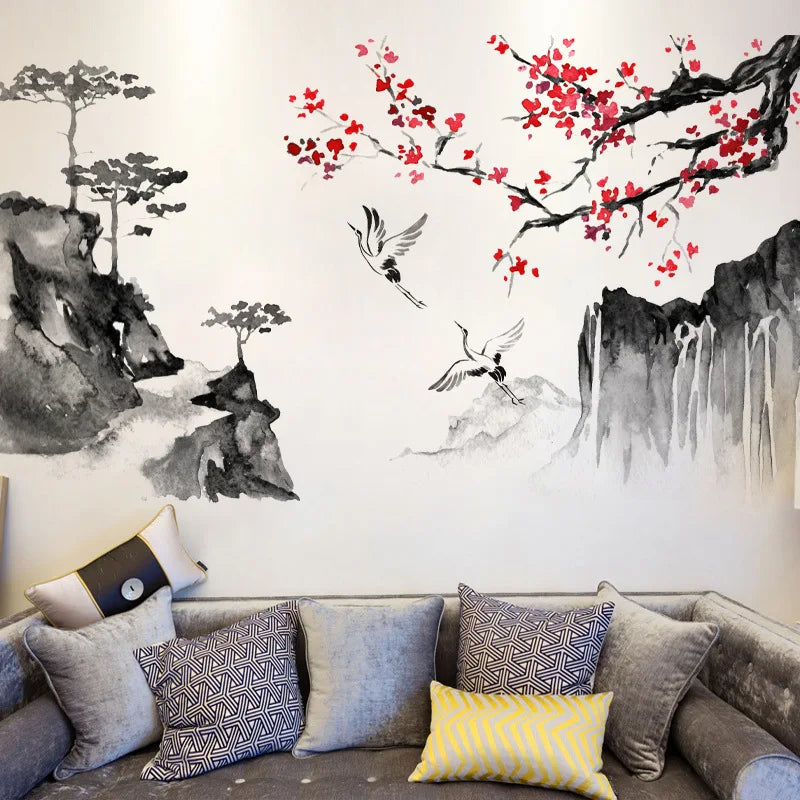 Chinese Wind Ink Landscape Painting Art Wall Stickers Crane Bedroom Living Room Home Decoration Self-adhesive Wall Decals