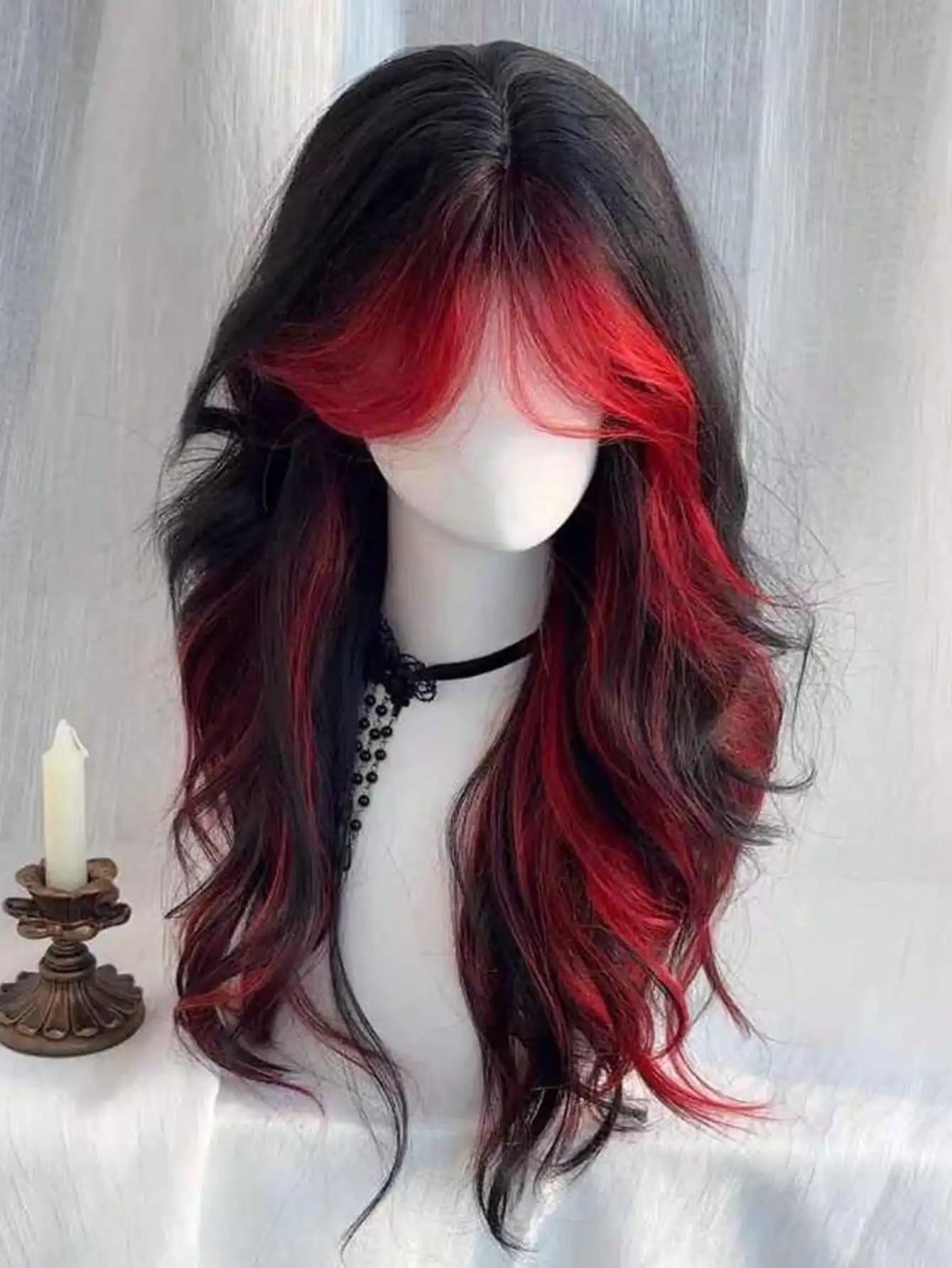 Synthetic Black Red Wig Ladies Middle Part Natural Large Waves Long Curly Hair Daily Cosplay High Temperature Silk Headgear