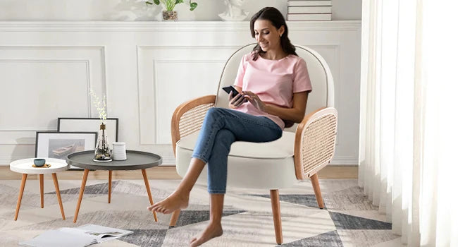 Mid Century Modern Accent Chairs Set of 2 Upholstered Rattan Arm Chairs Faux Leather Reading Chairs for Living Room Bedroom