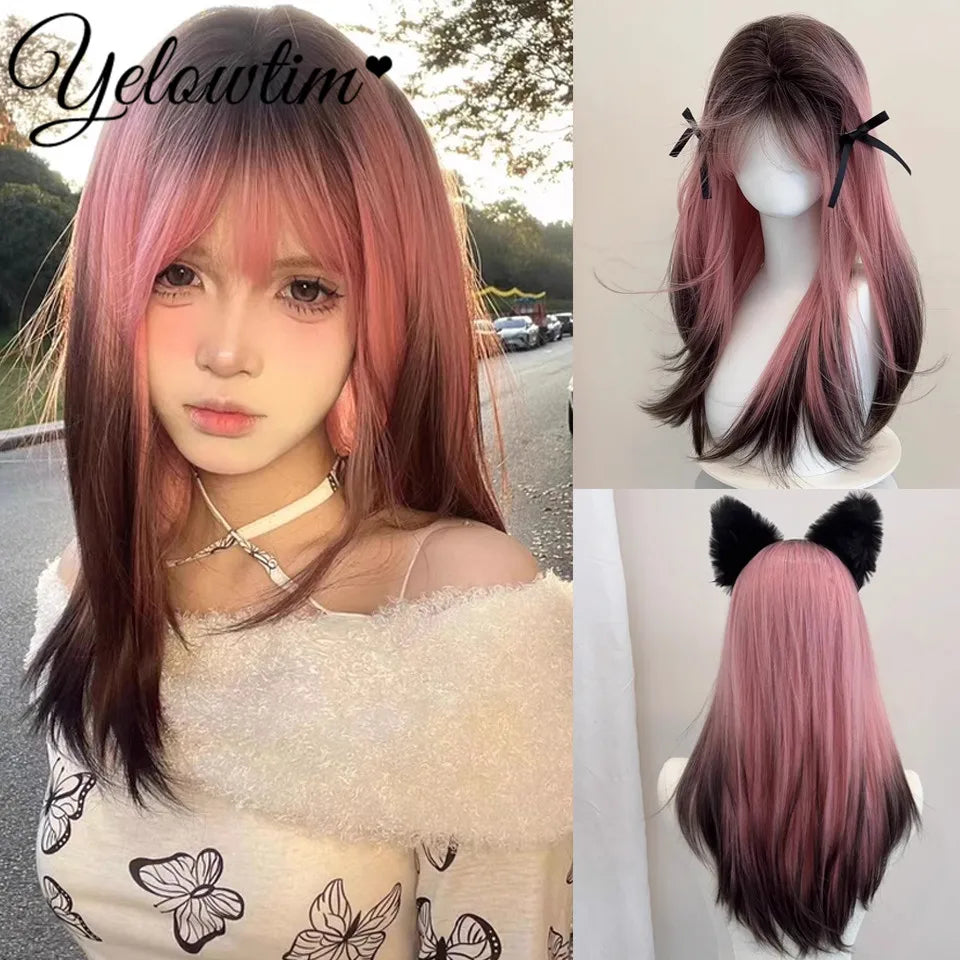 Synthetic Black Red Wig Ladies Middle Part Natural Large Waves Long Curly Hair Daily Cosplay High Temperature Silk Headgear