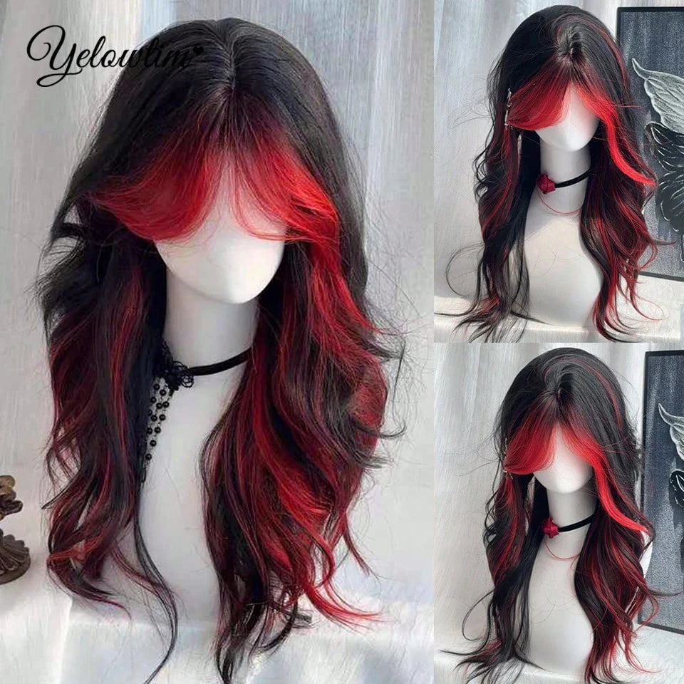 Synthetic Black Red Wig Ladies Middle Part Natural Large Waves Long Curly Hair Daily Cosplay High Temperature Silk Headgear